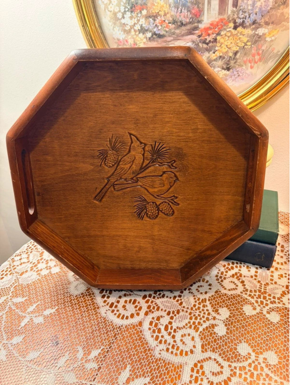 Vintage Octagonal Wood Serving Tray Carved Cardinal Design 14”